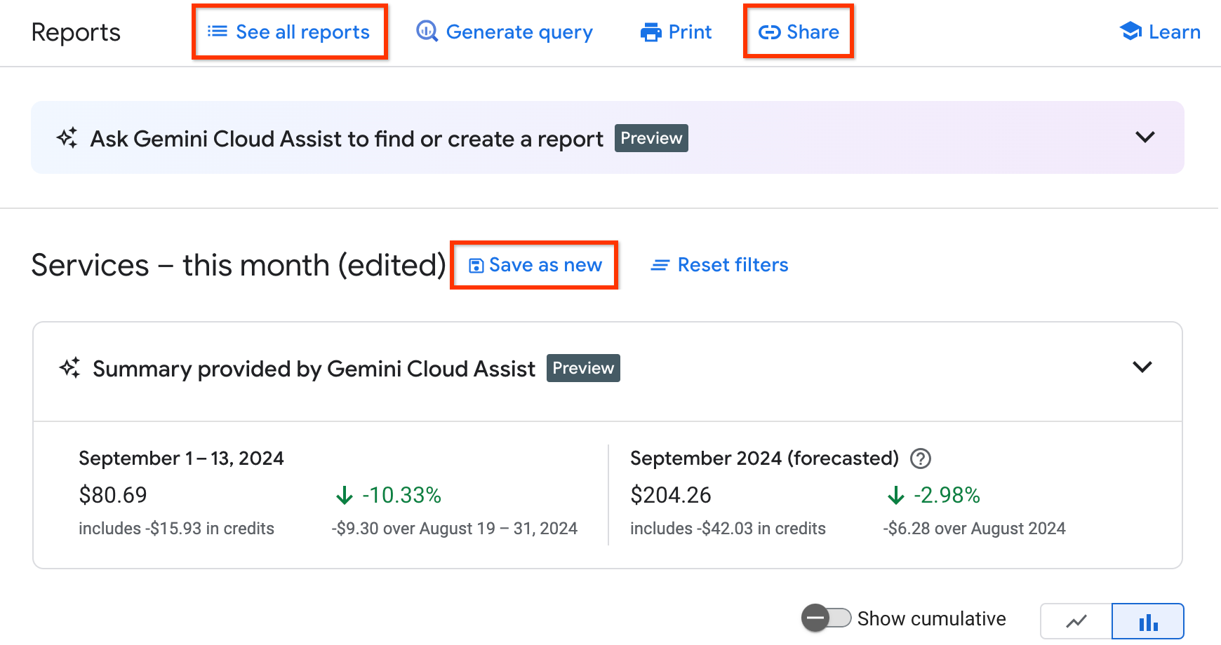 Shows billing report's share and saved reports options.