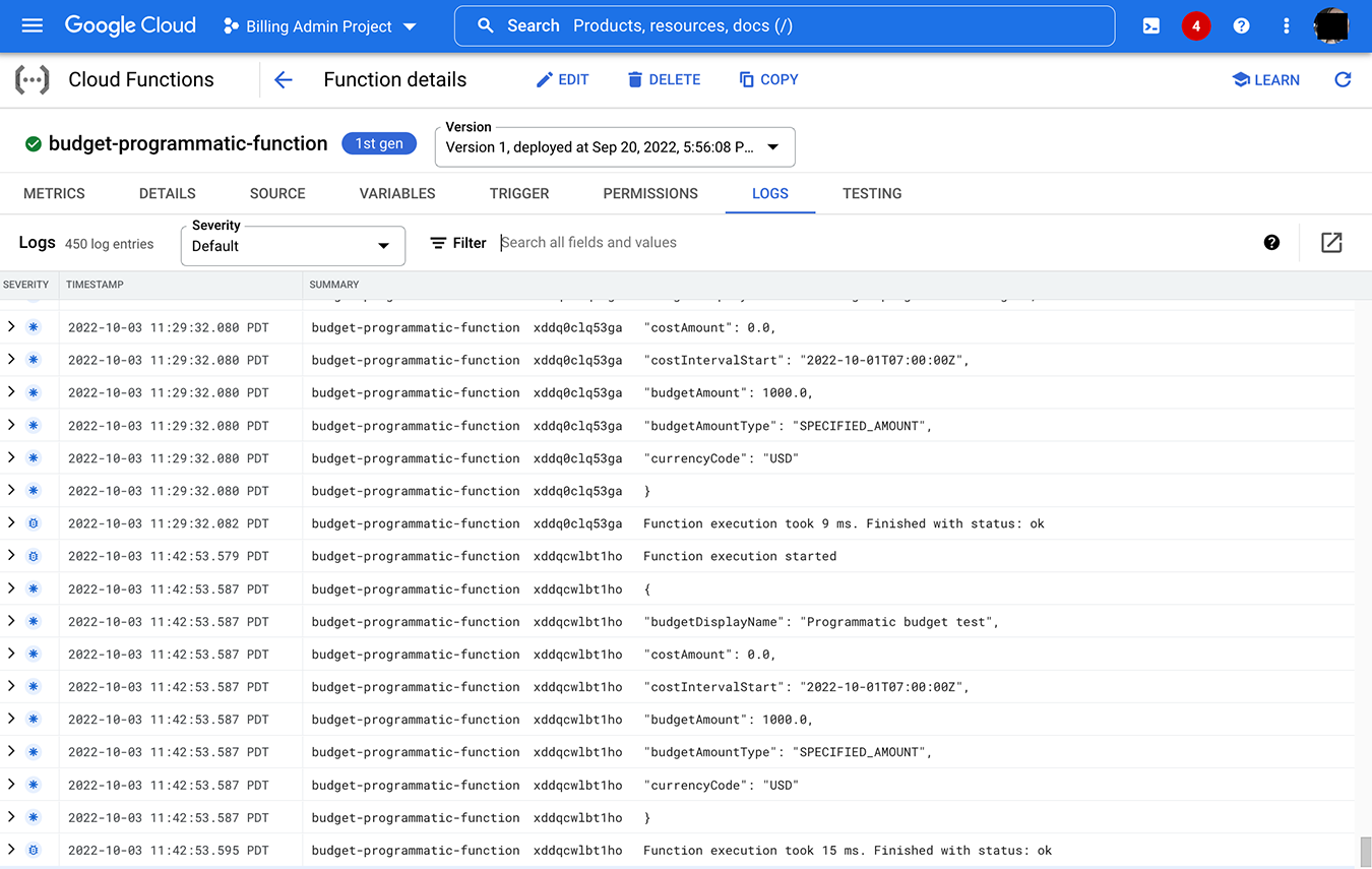 Melihat output topik Pub/Sub di halaman log Cloud Functions.