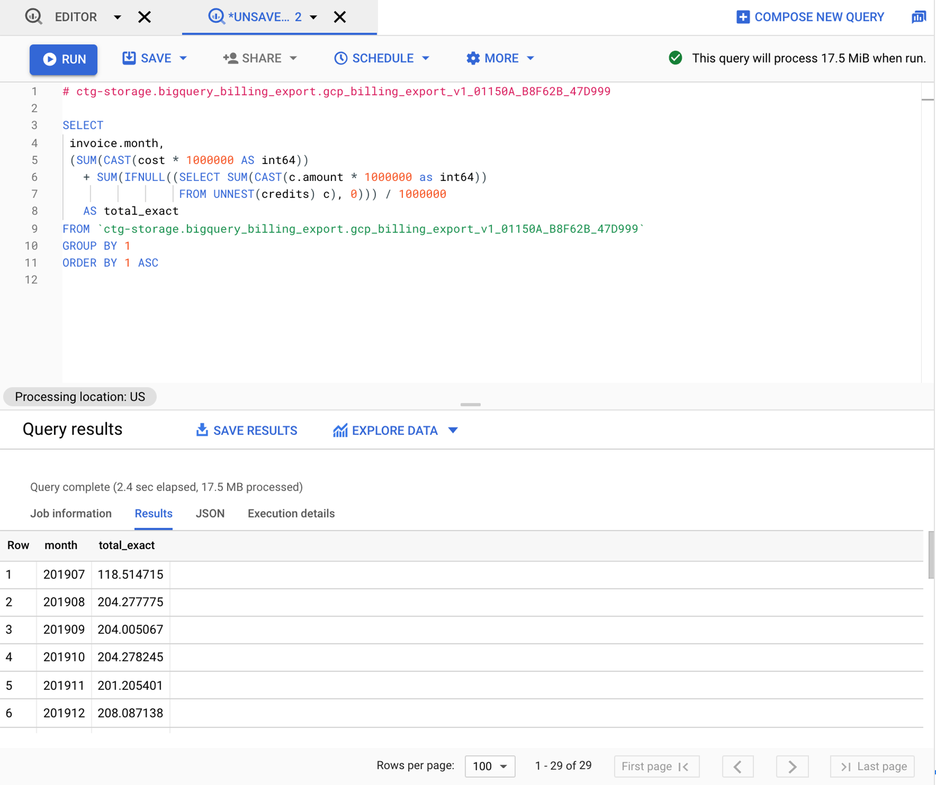 Screenshot: Beispiel für eine BigQuery-Abfrageseite