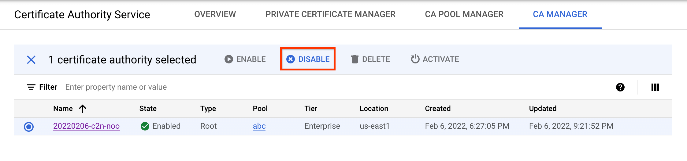 Disable the CA you want to delete.