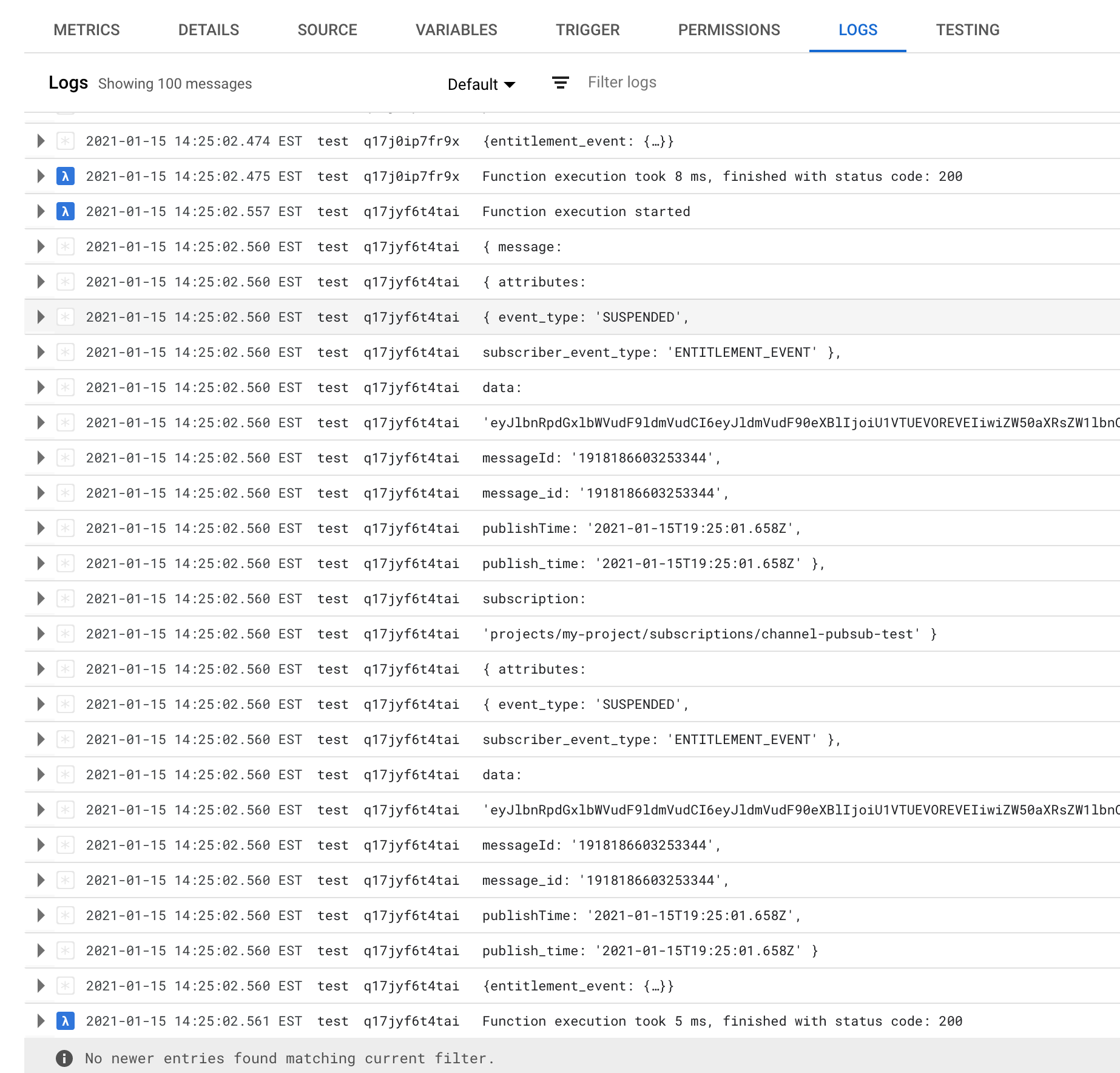 Log di esempio per eventi Pub/Sub