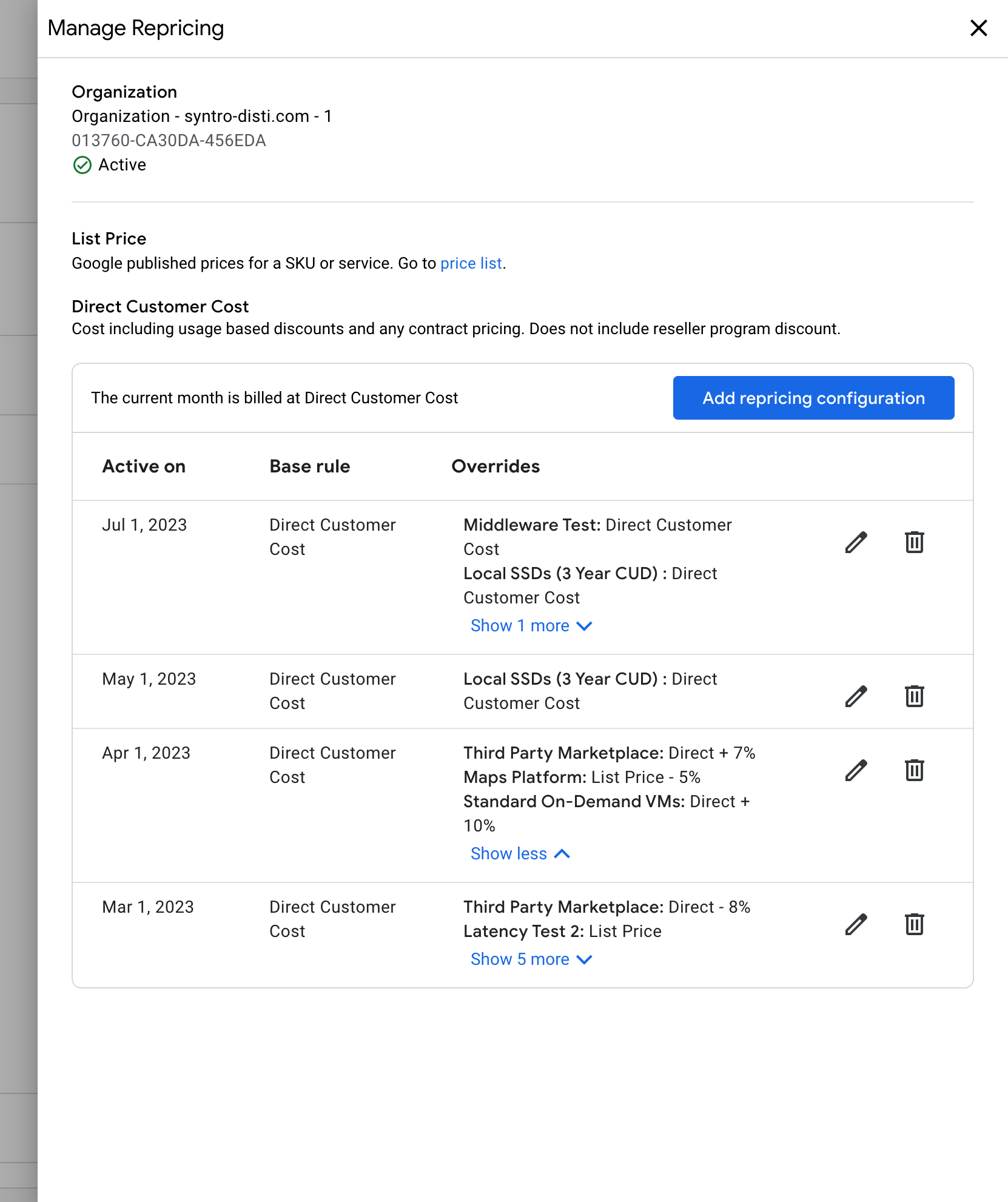 Panel de gestión de cambio de precio con configuraciones de ejemplo