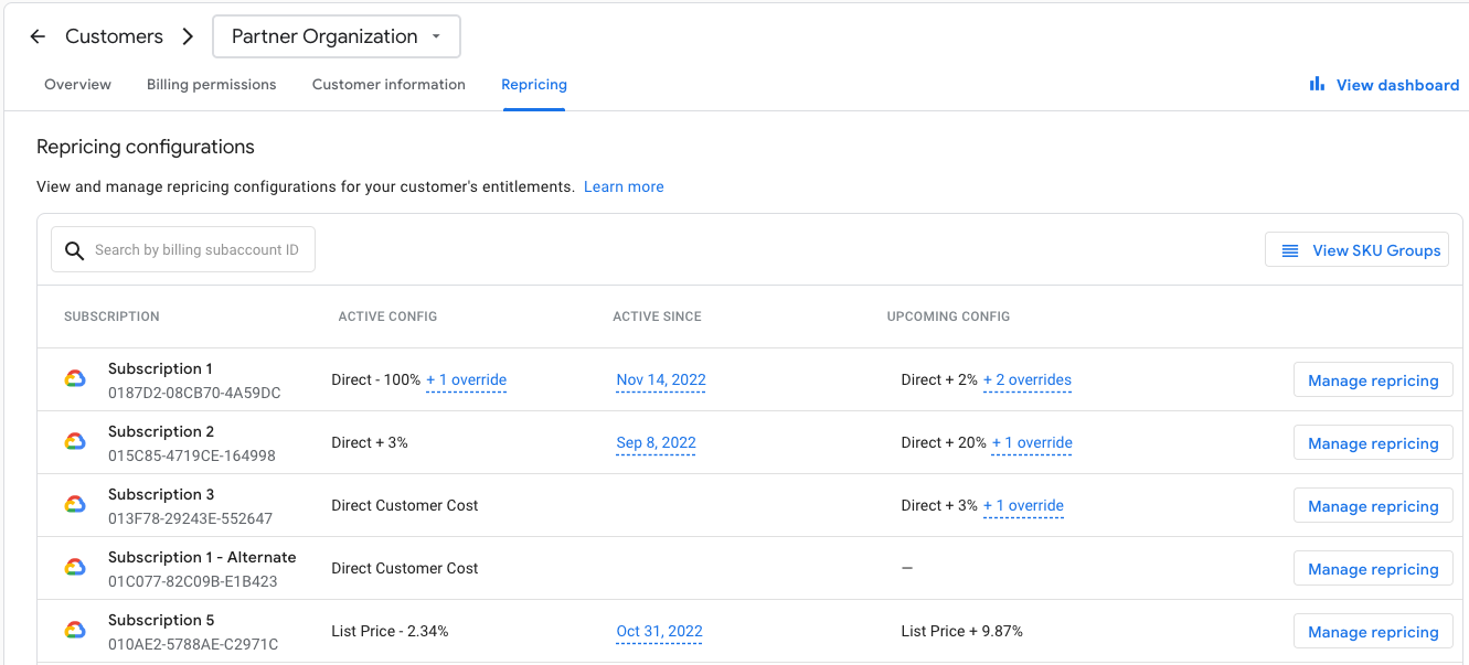 Página de clientes que muestra la pestaña Configuración de revisión
de precios