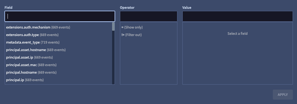 Filter events window