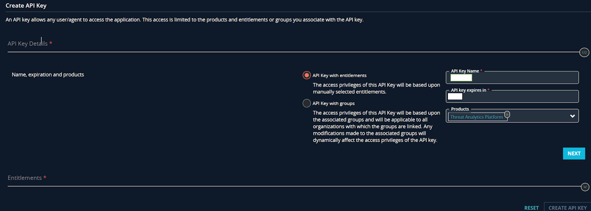 Volet &quot;Créer une clé API&quot;
