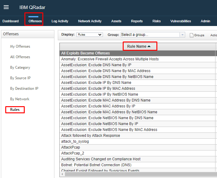 QRadar Rules page