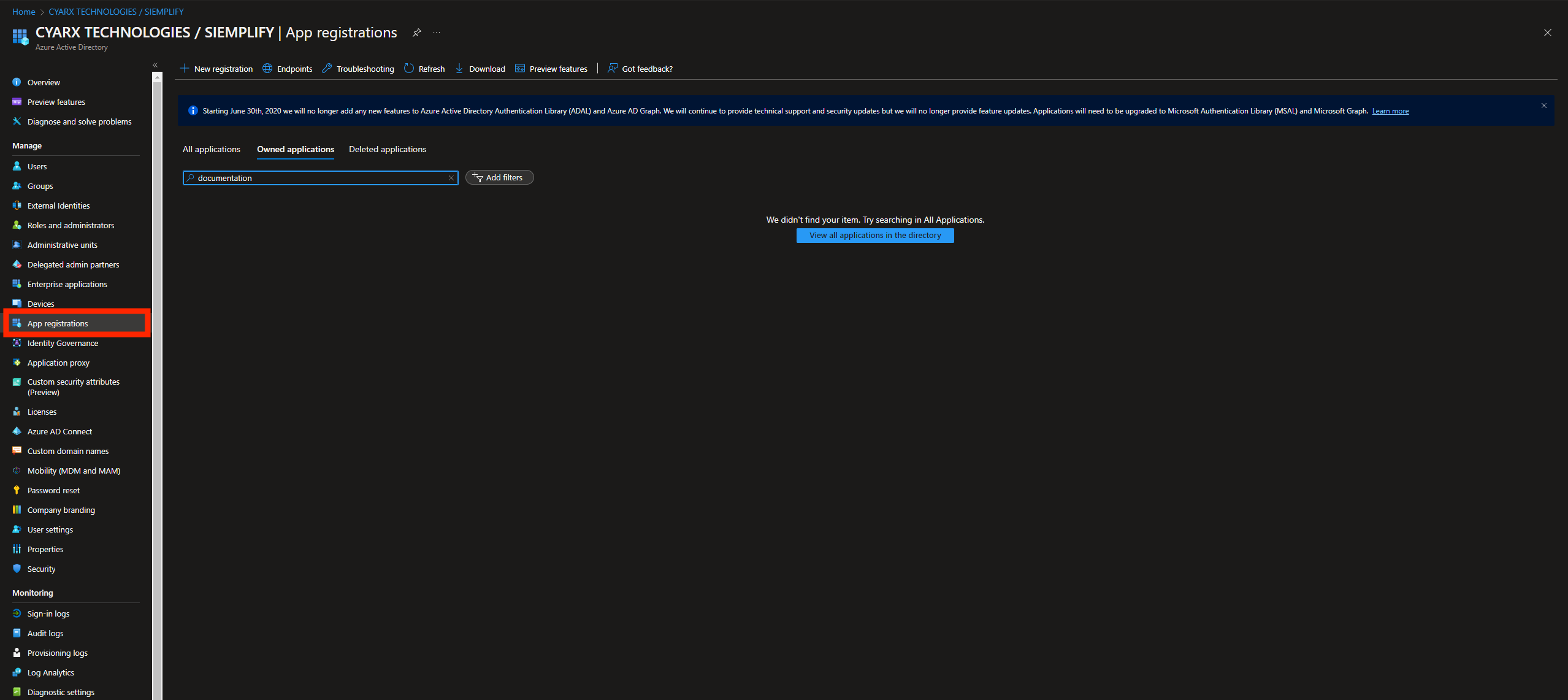 Microsoft Admin Center - App registartion
tab