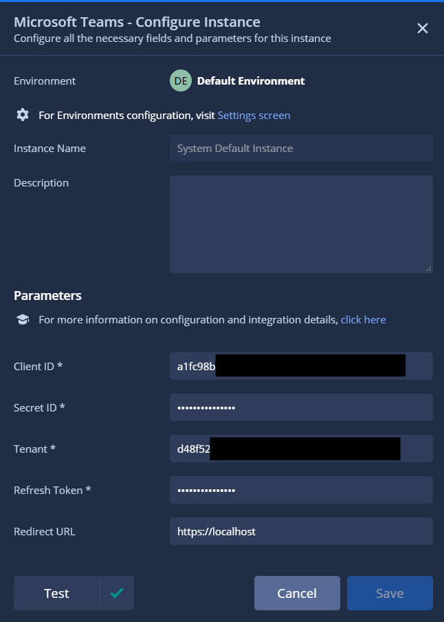 Completed Microsoft Teams integration
configuration