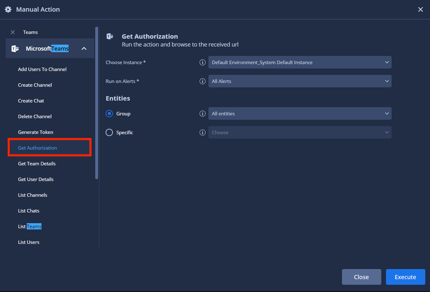 Action "Get Authorization" (Obtenir l'autorisation)