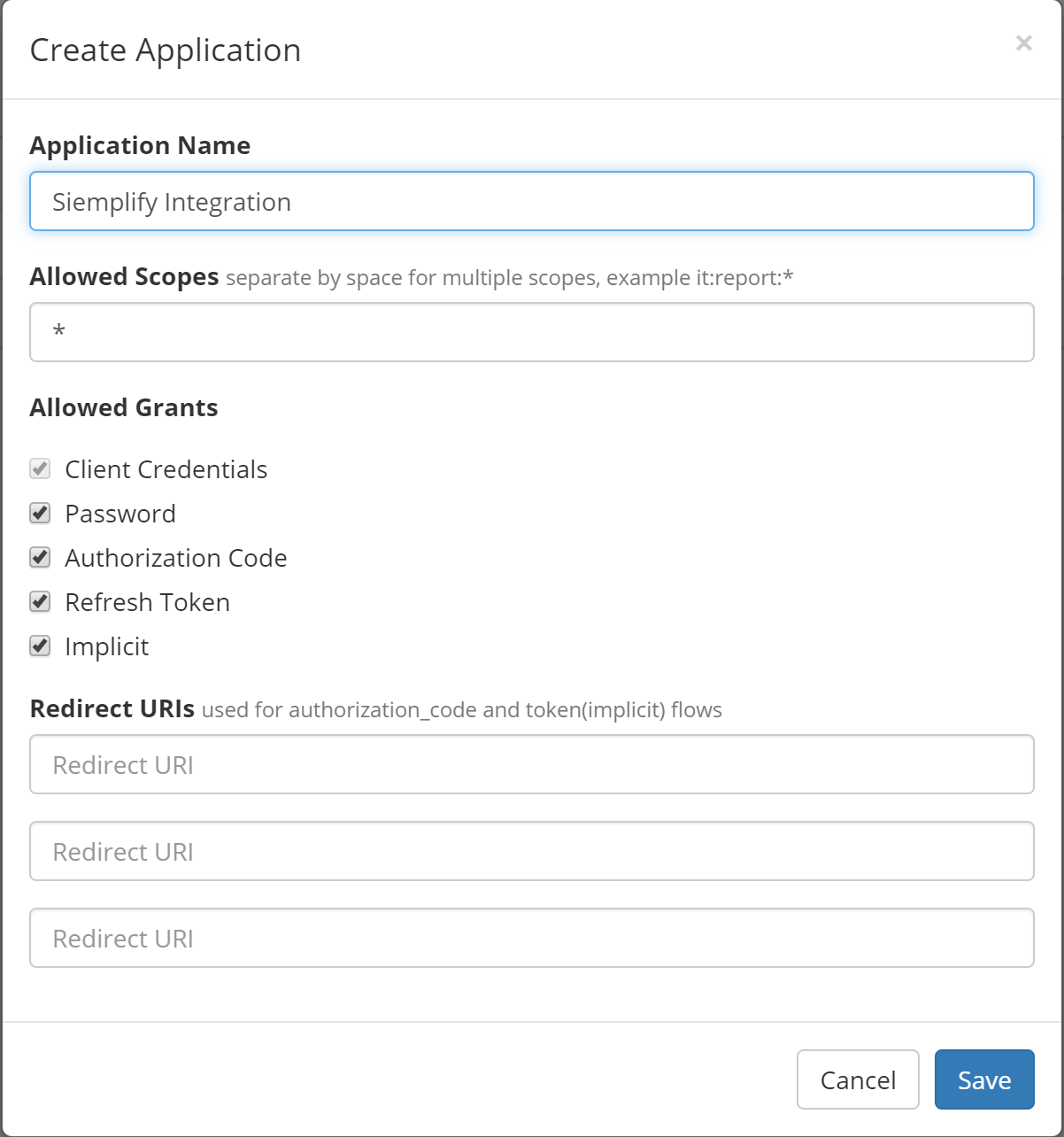 Create application
dialog