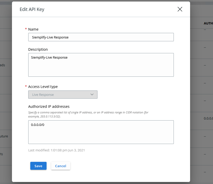 Edit API key
settings