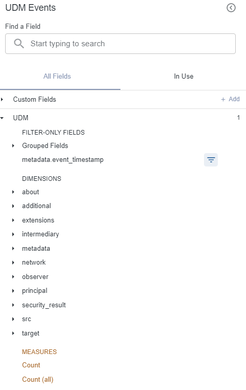 Field list in Google Security Operations dashboards