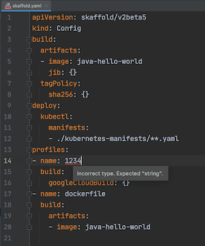 Value of name field red-underlined to highlight an invalid value of 1234; hover text states: Incorrect type. Expected string.