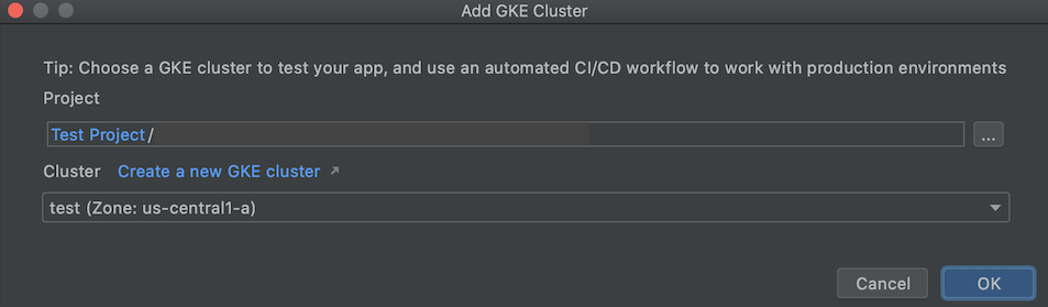 Adding a GKE cluster with Kubernetes Explorer dialog with fields for project and cluster names