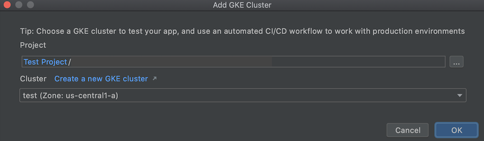 使用 Kubernetes Explorer 對話方塊新增 GKE 叢集，並填寫專案和叢集名稱的欄位