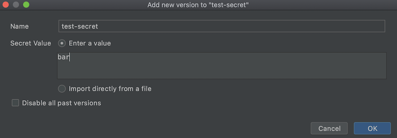 Add a new version dialog open with Secret value field for secret 'test-secret' updated as 'bar'