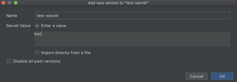 Caixa de diálogo Adicionar uma nova versão aberta com o campo de valor do Secret para o Secret &quot;test-secret&quot; atualizado como &quot;bar&quot;