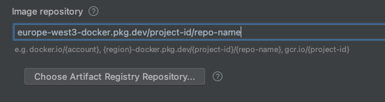Il repository di immagini predefinito nella configurazione di esecuzione è impostato con il formato &quot;gcr.io/&quot; e vengono presentate opzioni di completamento automatico in base al progetto corrente e al cluster attivo