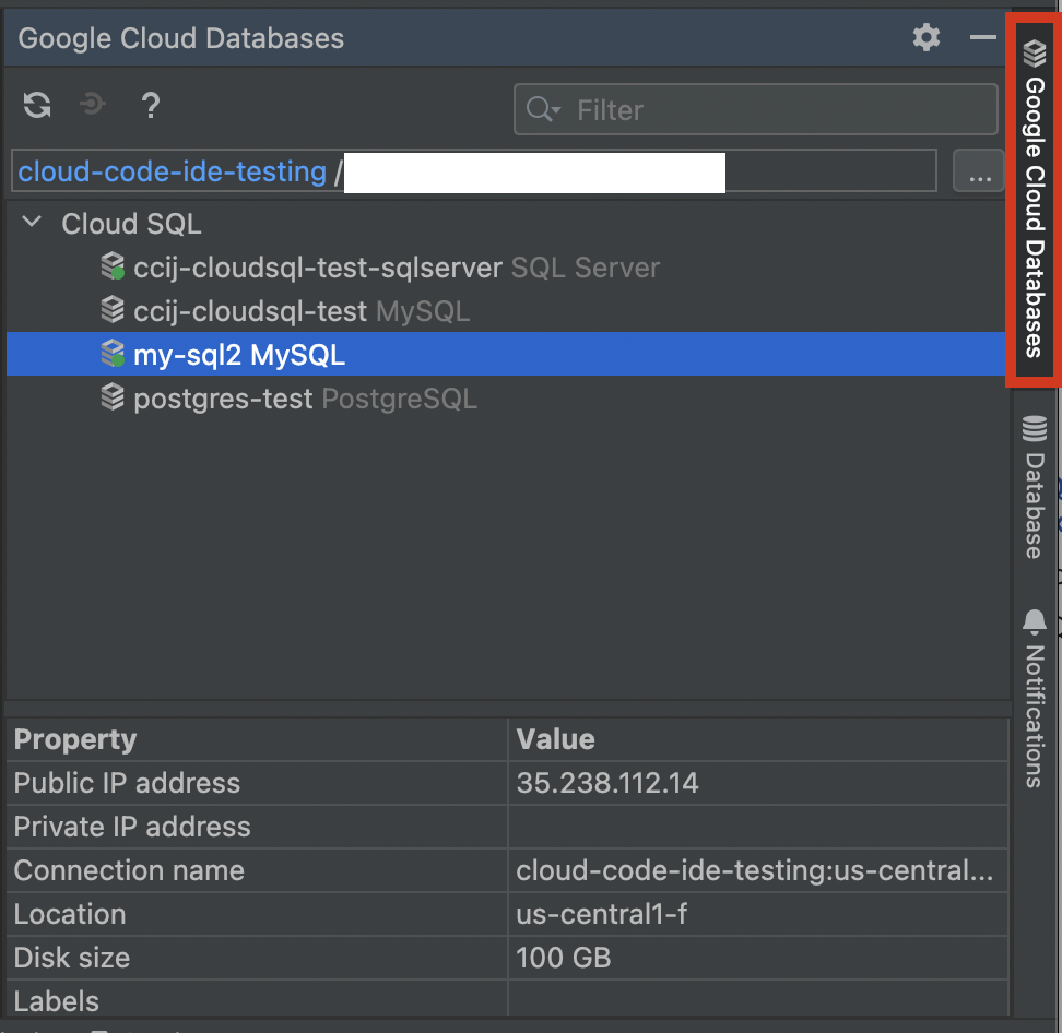 Ventana de herramientas de Cloud SQL