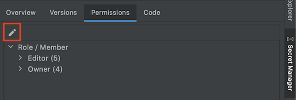 La pestaña Permisos seleccionada en Secret Manager y en el ícono Editar permisos destacado