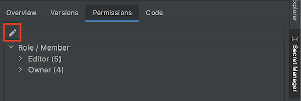 Permissions tab selected within the Secret Manager and Edit Permissions icon highlighted