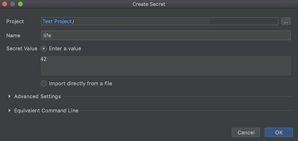 Boîte de dialogue "Create Secret" (Créer un secret) où le champ "Name" (Nom) est renseigné avec la valeur "life" et où le champ "Secret Value" (Valeur du secret) est renseigné avec la valeur 42.