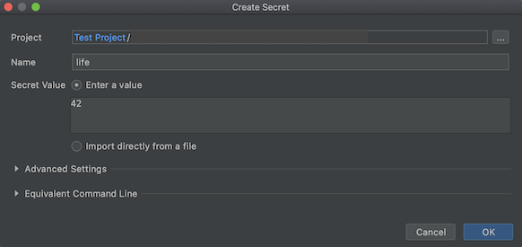 A caixa de diálogo "Criar secret" é aberta com o campo "Name" preenchido como "life" e o "Secret Value" preenchido como "42".
