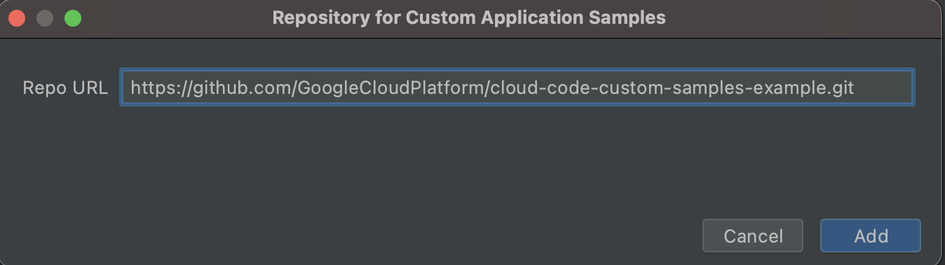 Git URL filled with HTTPS format URL: https://github.com/GoogleCloudPlatform/cloud-code-samples.git