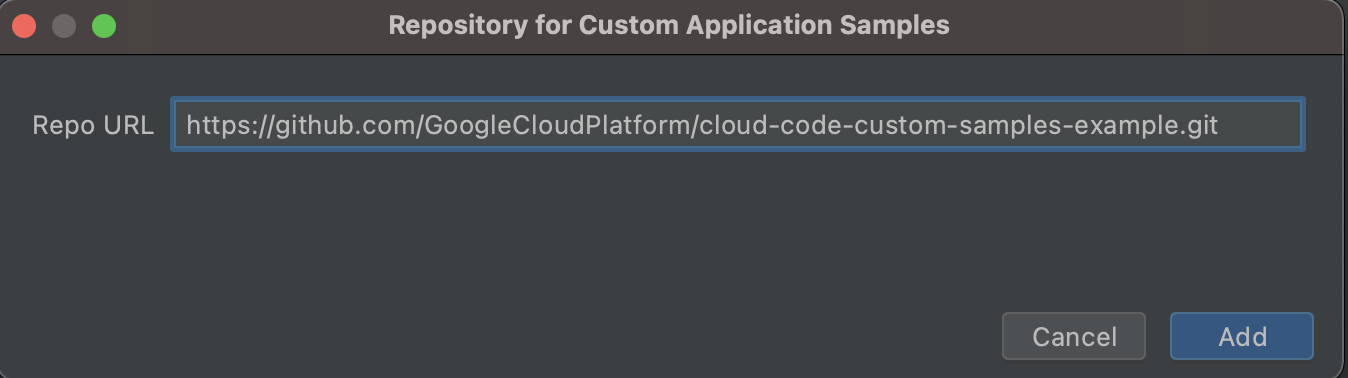 填入 HTTPS 格式的 Git 網址：https://github.com/GoogleCloudPlatform/cloud-code-samples.git