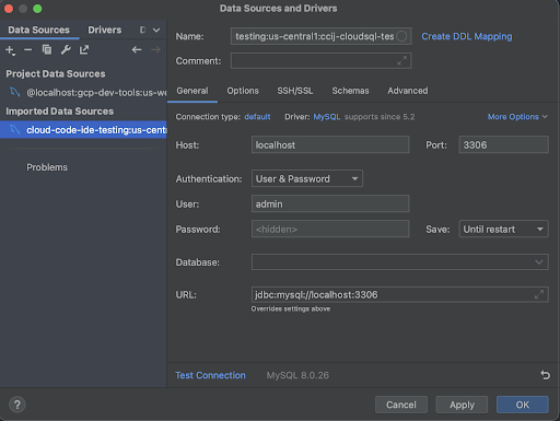 Data Sources and Drivers dialog