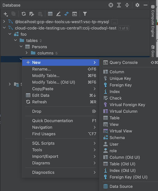 Database tools options