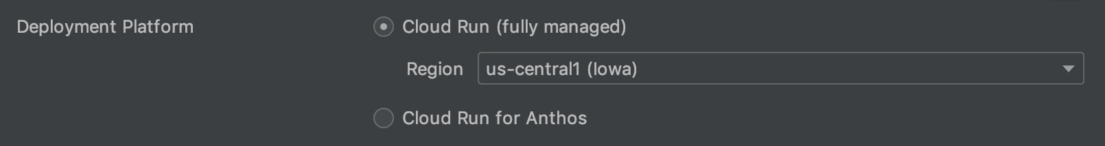 Grafik: Plattformbereitstellungsoptionen: &quot;Fully Managed&quot; (ausgewählt) und &quot;Anthos on GKE&quot; mit einer angegebenen Region