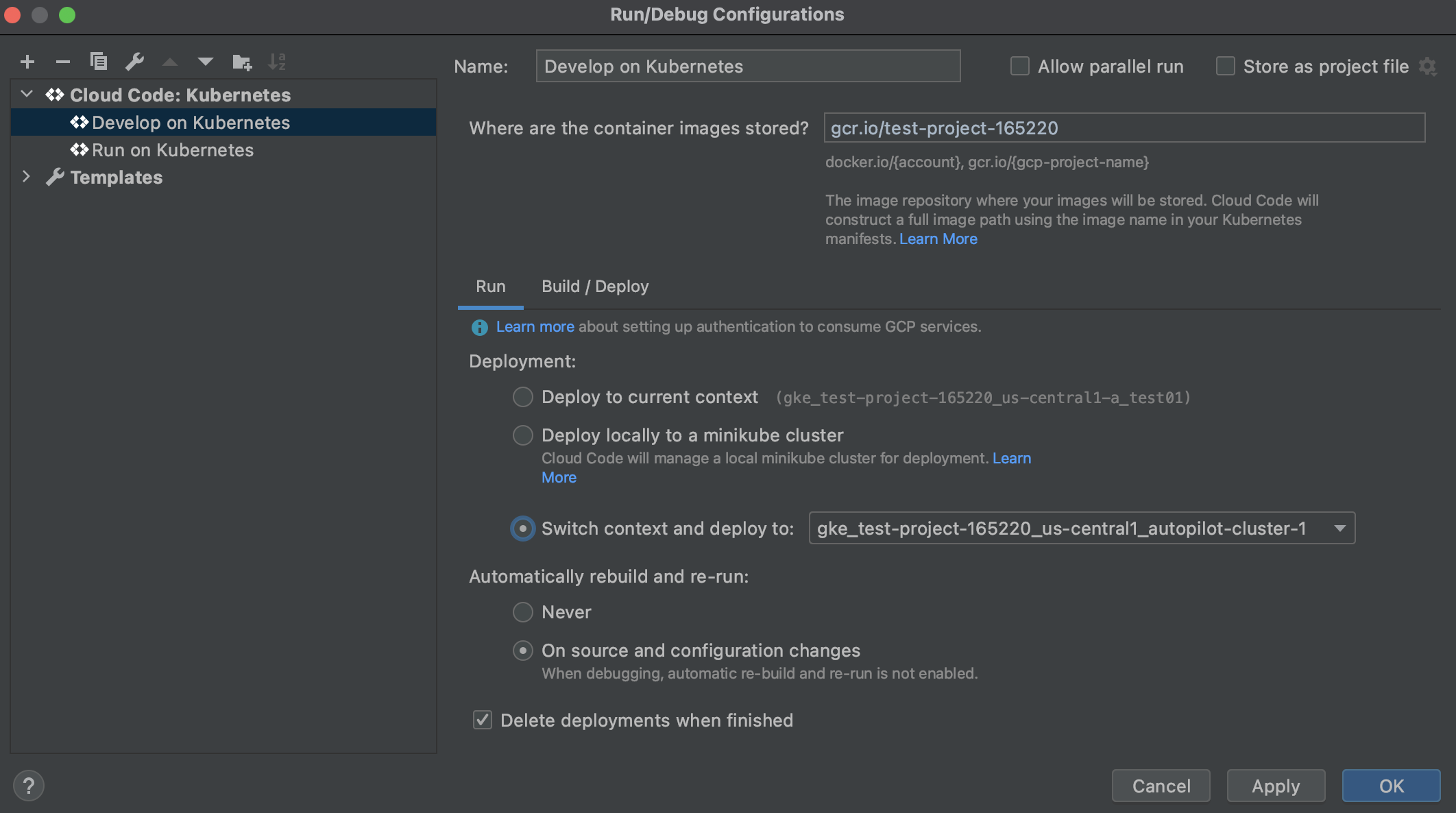Selecting Kubernetes deployment context in a Cloud Code Kubernetes configuration