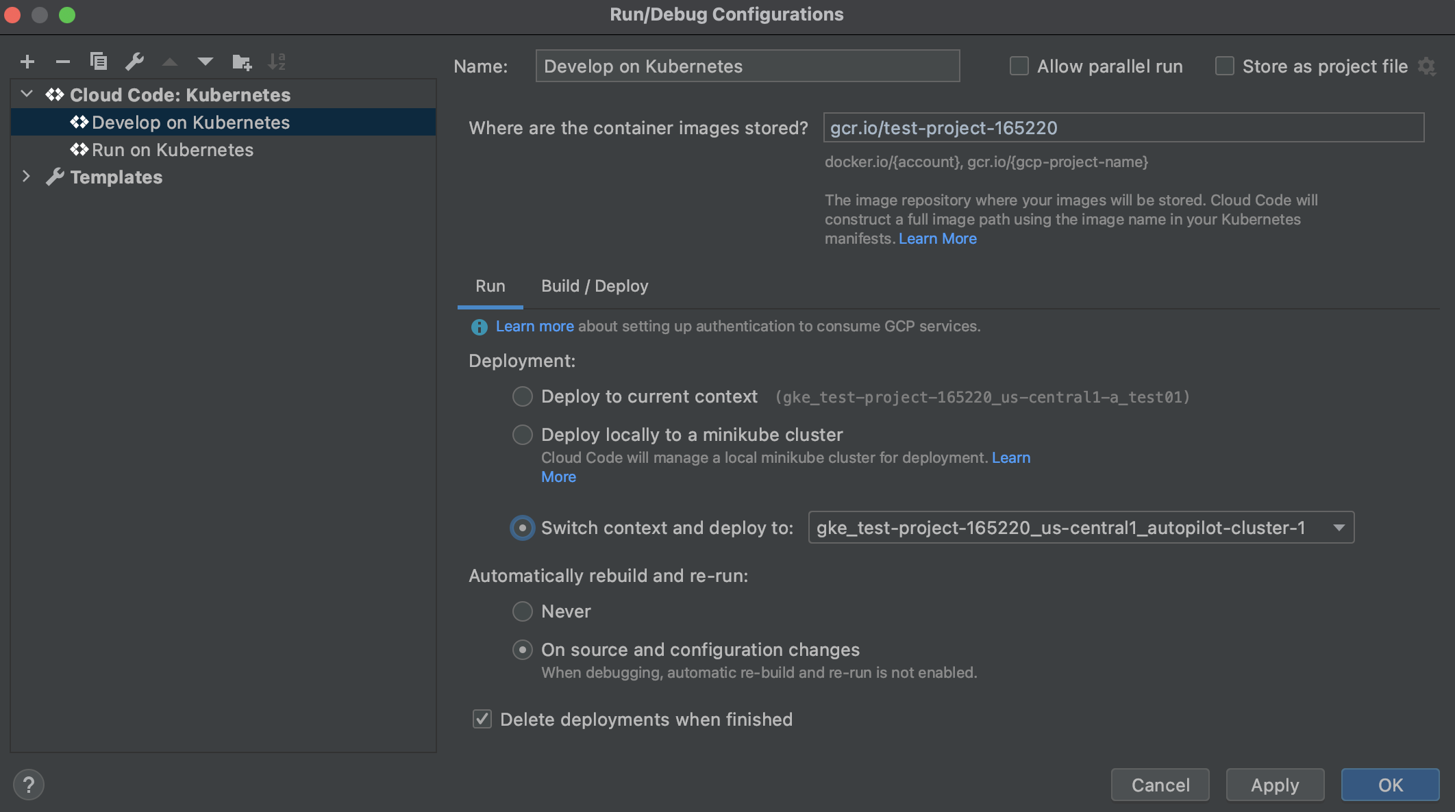 Cloud Code Kubernetes 구성에서 Kubernetes 배포 컨텍스트 선택