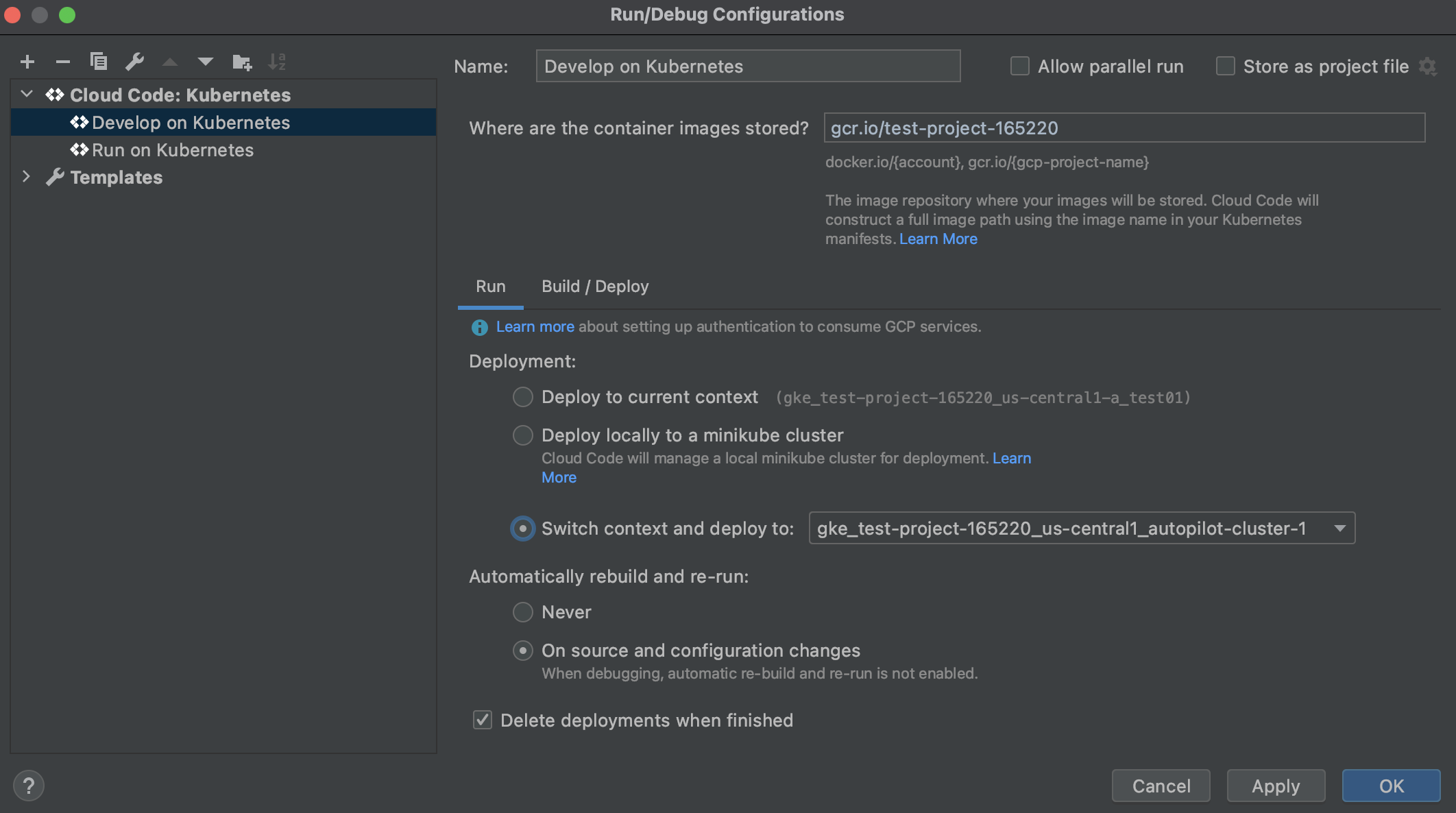 在 Cloud Code Kubernetes 設定中選取 Kubernetes 部署環境