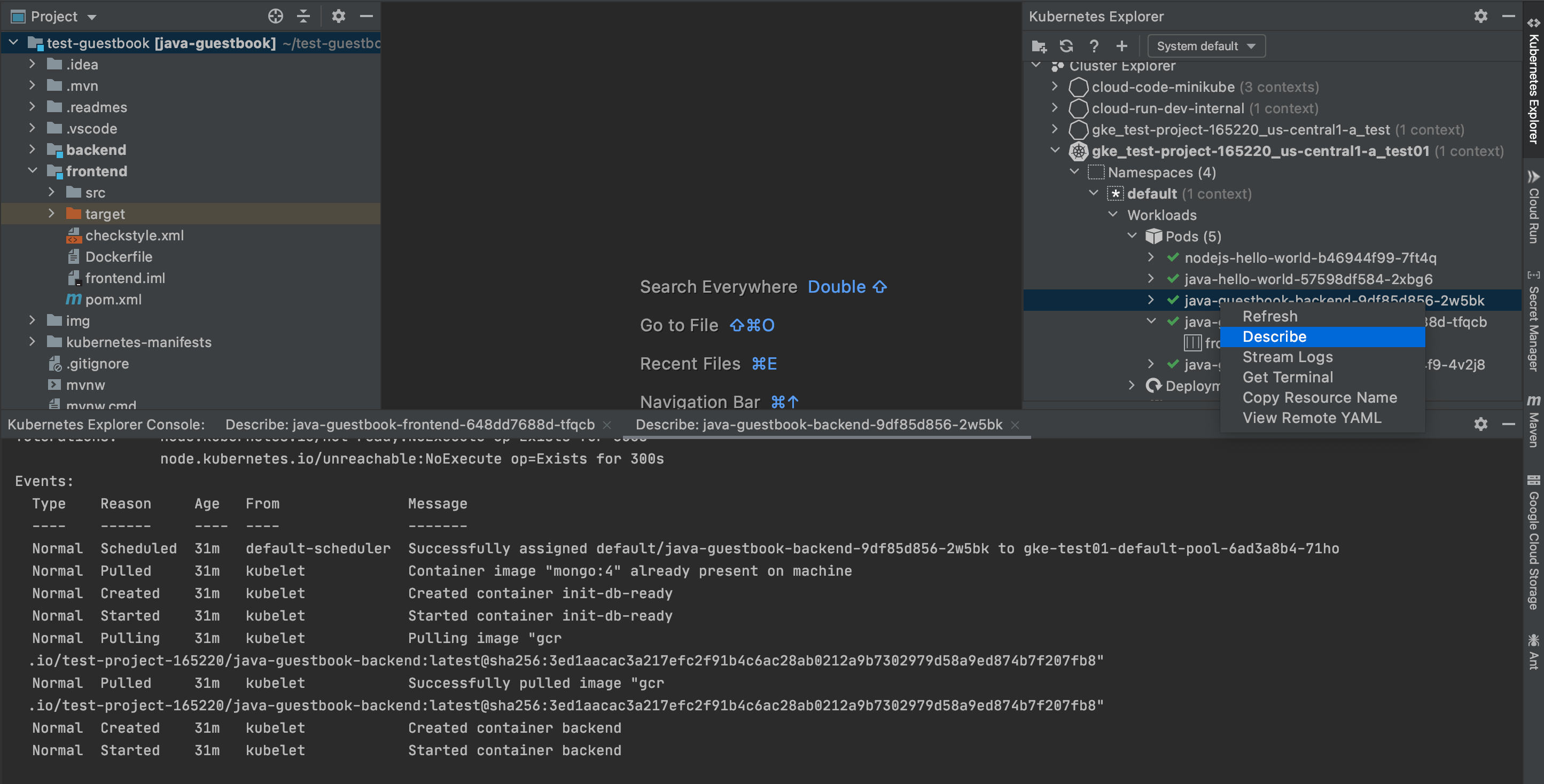 Describe option available when right-clicking an appropriate resource within the Kubernetes Explorer and choosing Describe