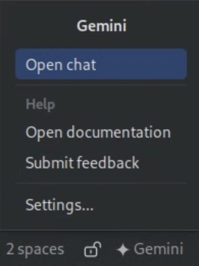 The Gemini button in the Cloud Code status bar shows the Open chat option.