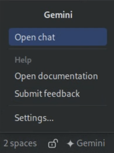Cloud Code のステータスバーの [Gemini] ボタンに [Open chat] オプションが表示されます。