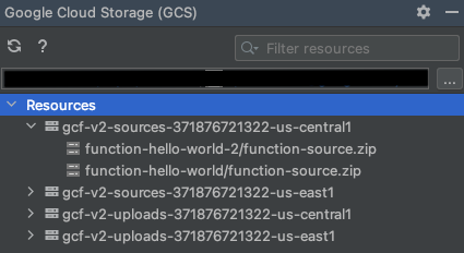 Fenêtre d'outil Cloud Storage dans IntelliJ