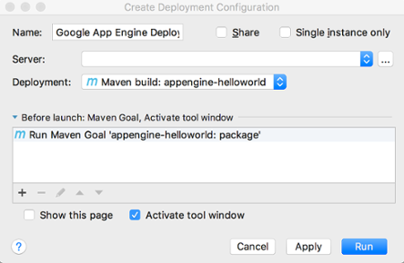 Screenshot yang menampilkan kolom di dialog Create Deployment
Configuration.