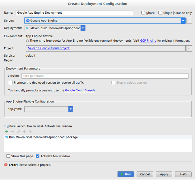 [Create Deployment Configuration] ダイアログ[Name]、[Server]、[Deployment]、[Project]、[Version]、[app.yaml] のフィールドがあります。