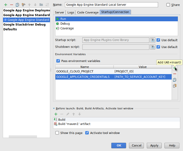 Screenshot yang menunjukkan dialog konfigurasi run/debug, dengan
fokus pada variabel lingkungan untuk server lokal.