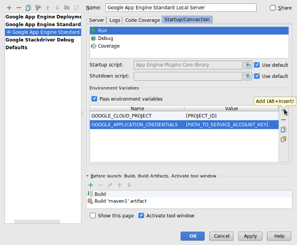 Screenshot che mostra la finestra di dialogo di configurazione di esecuzione/debug, con l&#39;attenzione rivolta alle variabili di ambiente per il server locale.