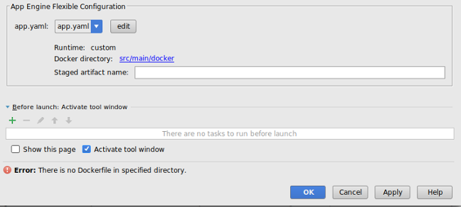 显示“Create Deployment Configuration”屏幕的“App Engine Flexible Configuration”部分的对话框。显示 app.yaml 文件路径的字段。有一个可以选择其他文件的修改按钮。将运行时显示为自定义的标签。显示 Docker 文件路径的标签。显示 Docker 文件路径的暂存工件名称字段。