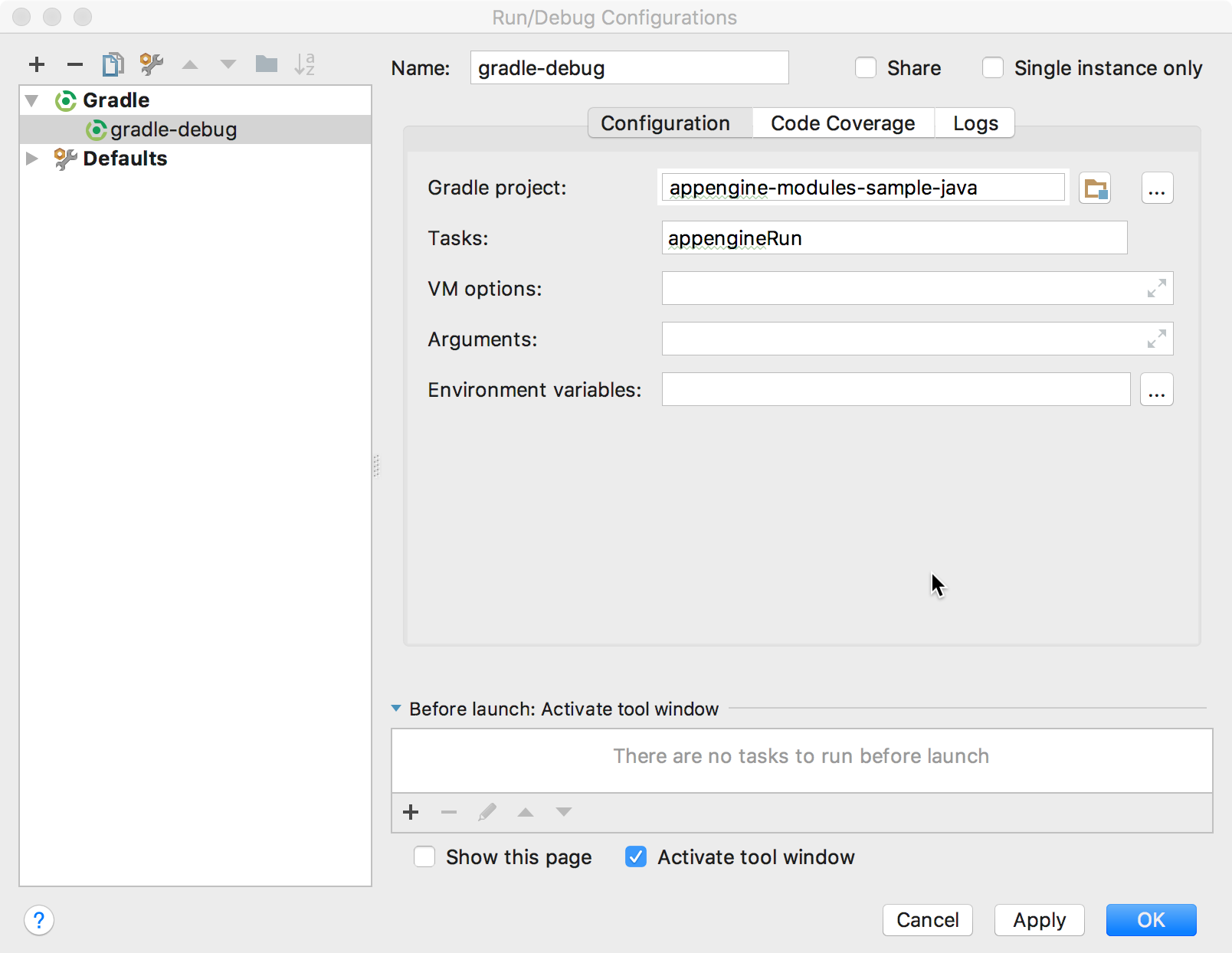 Screenshot che mostra la finestra di dialogo Esegui/configura configurazioni di debug.