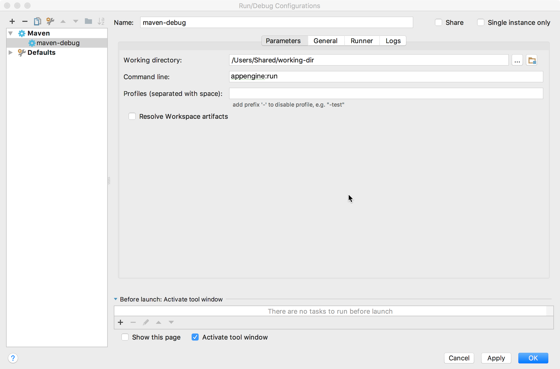 Grafik: Screenshot mit dem Dialogfeld &quot;Run/Debug Configurations&quot;