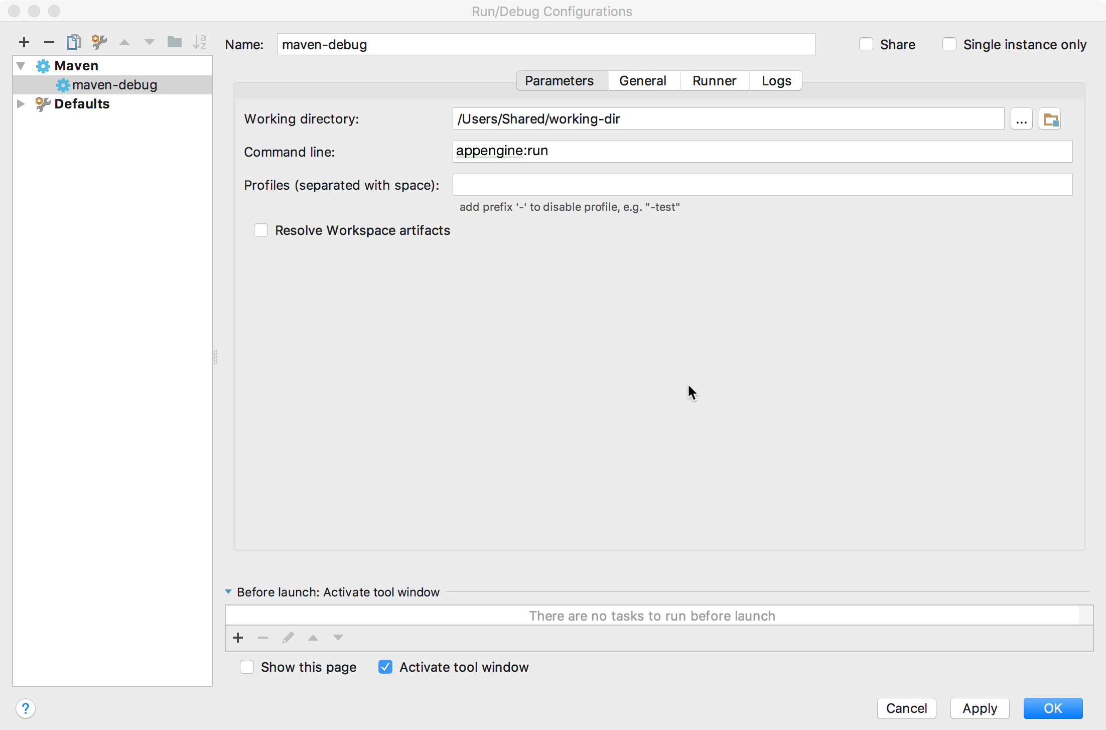 Screenshot che mostra la finestra di dialogo Esegui/configura configurazioni di debug.
