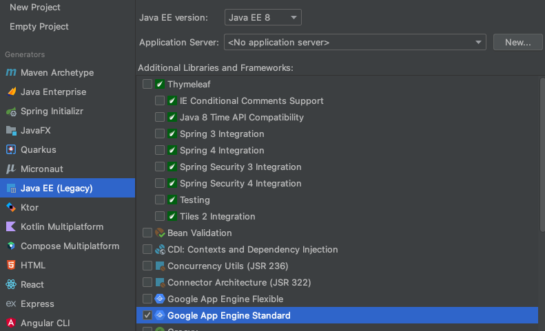 [Additional Libraries and Frameworks] 内で「Google App Engine スタンダード」が選択された新しい Java プロジェクト。