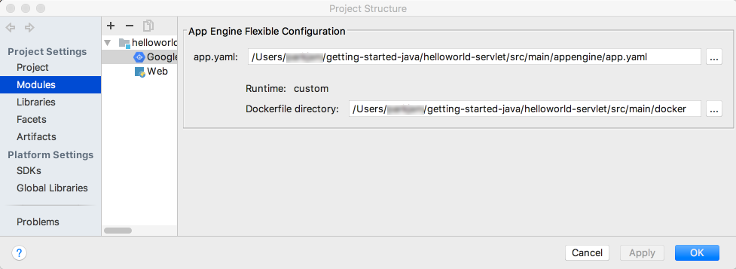 Dialogfeld, das den Abschnitt für die flexible App Engine-Konfiguration in der Ansicht zum Erstellen von Bereitstellungskonfigurationen zeigt. Feld, das den Pfad zur app.yaml-Datei enthält. Über die Schaltfläche &quot;Bearbeiten&quot; kann eine andere Datei ausgewählt werden. Label, das die Laufzeit als benutzerdefiniert kennzeichnet. Label, das den Pfad des Dockerfile anzeigt. Feld für den Namen eines bereitgestellten Artefakts, das den Pfad zum Dockerfile anzeigt.