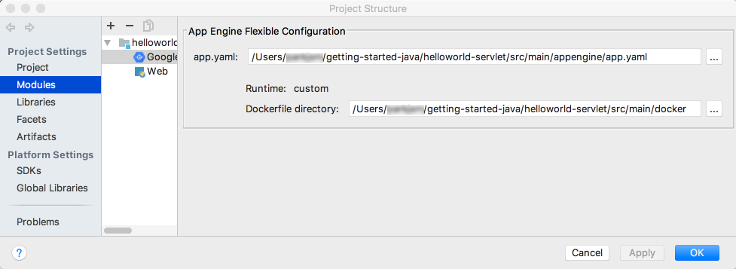Dialog yang menampilkan bagian konfigurasi fleksibel app engine
pada layar buat konfigurasi deployment. Kolom menampilkan
jalur ke file app.yaml. Ada tombol edit untuk memilih file
yang berbeda. Label menampilkan runtime sebagai kustom. Label menunjukkan jalur file Docker. Kolom nama artefak Bertahap menunjukkan jalur ke file Docker.
